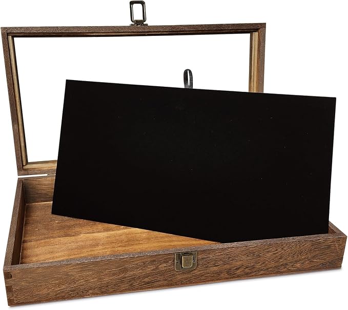 MOOCA Wood Jewelry Display Case with Tempered Glass Top, Velvet Pad | Wood display case with a glass top and removable black velvet pad accommodates taller jewelry and collectibles.