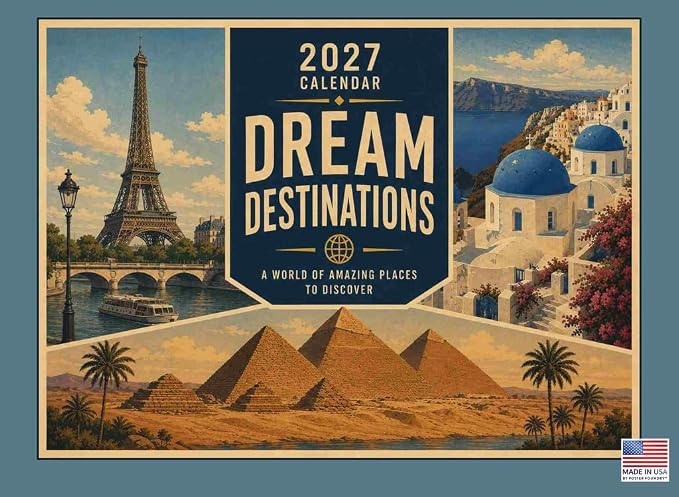 Vintage World Travel Calendar 2027 Monthly Wall Calender 12 Month | American Made In The USA