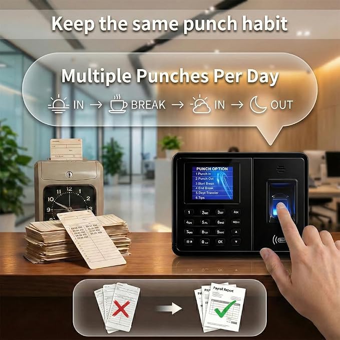 Time Clock System: App Control & 5s Fast Connection, Customizable Rules & 4 Payroll Reports, 10 IC Cards, No Monthly Fee Biometric Fingerprint Time Clocks for Employees Small Business