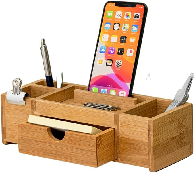 Bamboo Desk Organizer – Durable Office Wood Desk Organizer with Drawers, Storage Compartments, Pen Holder, and Phone Holder- Home and Office Desk Organizers and Accessories