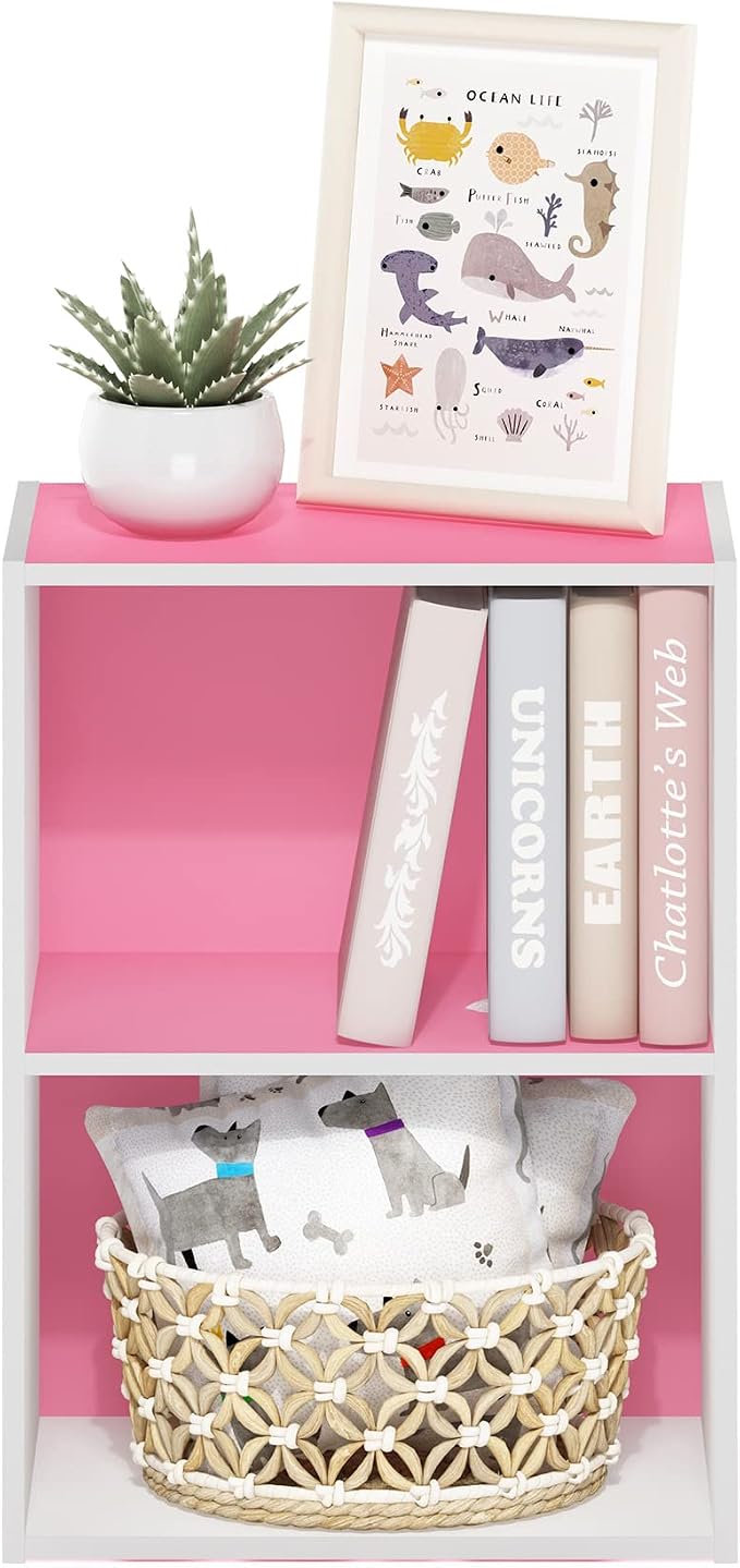 Furinno LUDER 2-Tier Book Shelf, Open Shelves Bookshelf, Pink/White | 9 x 16 x 21, Closed Back, Modern Bookcase, for Living Room, Bedroom, Home Office