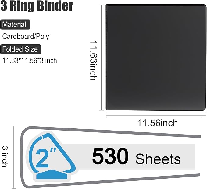 COMIX Heavy Duty Slant-D Ring View Binder, 2 inch 3 Ring Binders, Hold 500 Sheets of 8.5" x 11" Paper, 12 Pack (Black)