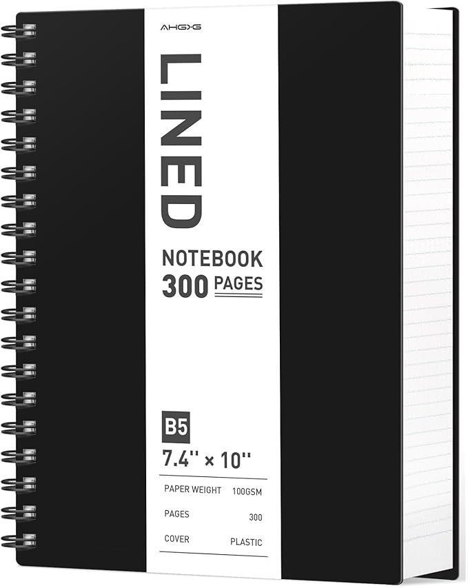 AHGXG Spiral Notebook College Ruled - Spiral Notebook Journal Large B5 7.6" x 10", 300 Pages/150 Sheets, 100GSM Thick Paper, Plastic Hardcover, for Women Men Office School, Black