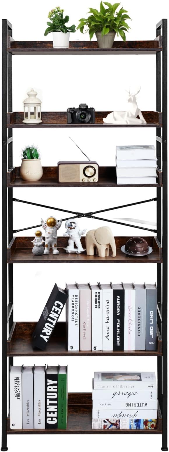 VEVOR Industrial Bookshelf, 6-Tier, Vintage Ladder Shelf Bookshelves and Bookcases, with Metal Frame, Book Organizer with Open Shelves, for Living Room, Bedroom, Kitchen, Home Office, Rustics Brown