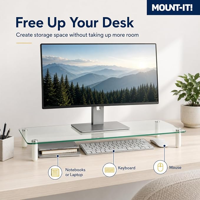 Mount-It! Glass Desktop Monitor Stand Riser, 22", 44 lbs | Raised laptop stand and organizer, clear tempered glass, supports computer screens and office desk supplies.
