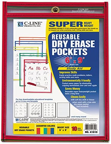 C-Line Reusable Dry Erase Pockets, 6 x 9 Inches, Assorted Primary Colors, 10 Pockets per Pack (41610)