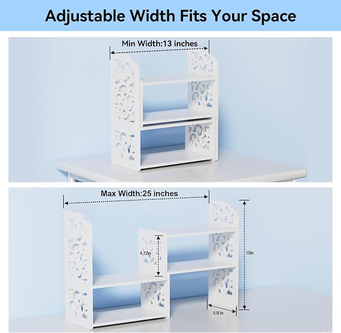 YGYQZ Adjustable Desktop Shelf Organizer, 3-Tier Expandable Desk Shelf, White Pattern