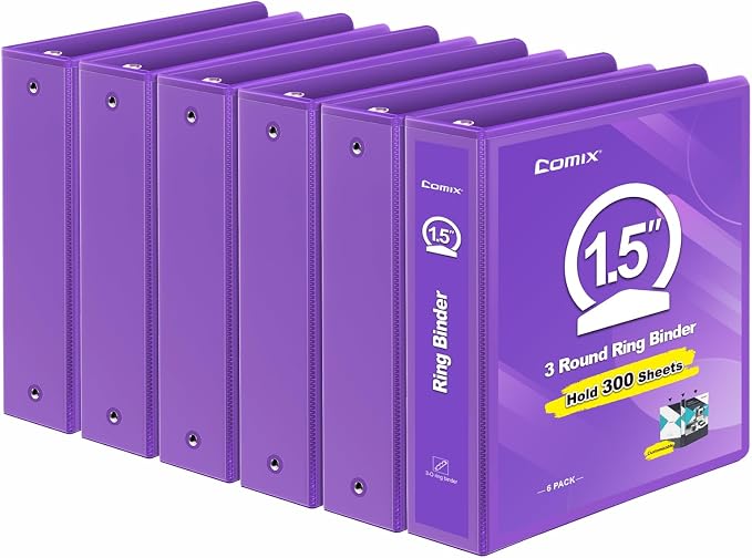 COMIX Sturdy 1.5 Inch 3 Ring Binder with Clear View Cover | 1.5"Heavy Duty Round Ring,PVC-Free Board,Holds 300 Letter Sheets,Wholesale for Offices & Classrooms,6 Pack (Purple)