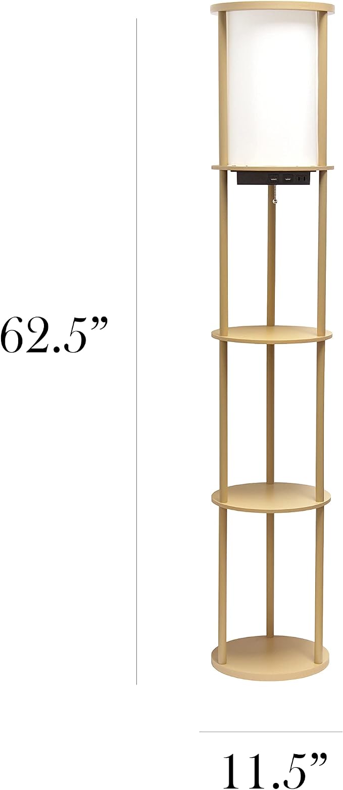 Simple Designs LF2010-TAN 62.5" Round Modern Shelf Etagere Organizer Storage Floor Lamp with 2 USB Charging Ports, 1 Charging Outlet and Linen Shade for Living Room Bedroom Office, Tan
