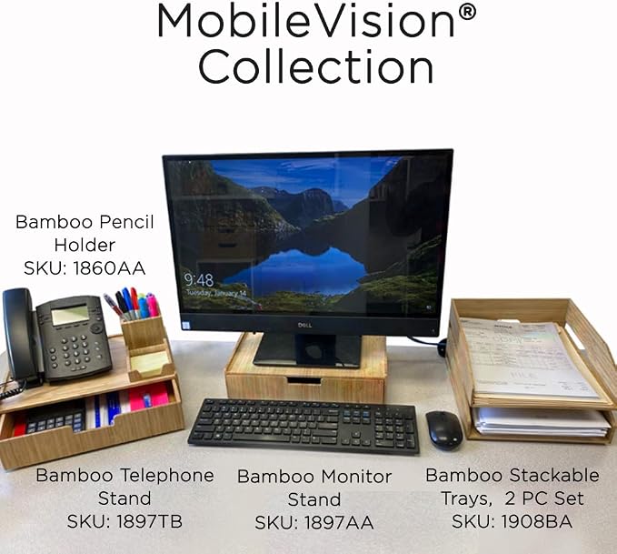 MobileVision Bamboo Telephone Stand with Drawer Stackable Storage Solution for Office Products Pens, Pencils, Scissors, Notepads, Business Cards and More