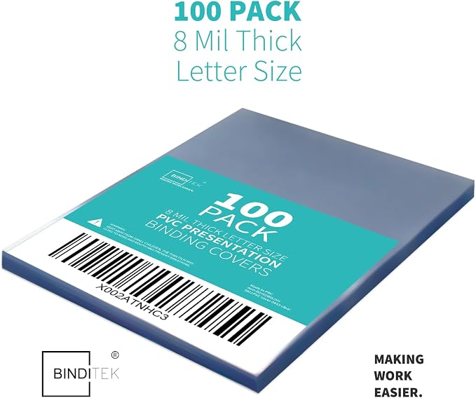Binditek 8 Mil PVC Binding Covers, 8.5 x 11 Inches, Clear, 100 Pack | Plastic Binding Covers, 8.5" x 11" Letter Size, Clear, Square Corners, Unpunched, Ideal for Business Reports and Proposals