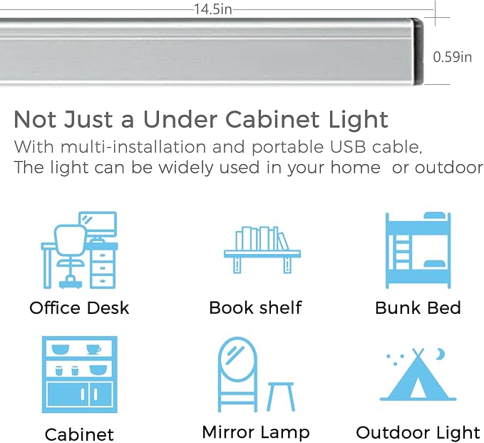 ASOKO LED Under Cabinet Lighting USB Plug-in, Dimmable, 3 Color Temperature, 14.5 in, Under Counter Lights for Kitchen,Shelf,Cupboard, Under Desk Monitor Light Bar (Sliver, 14.5 inch-2 Pack)
