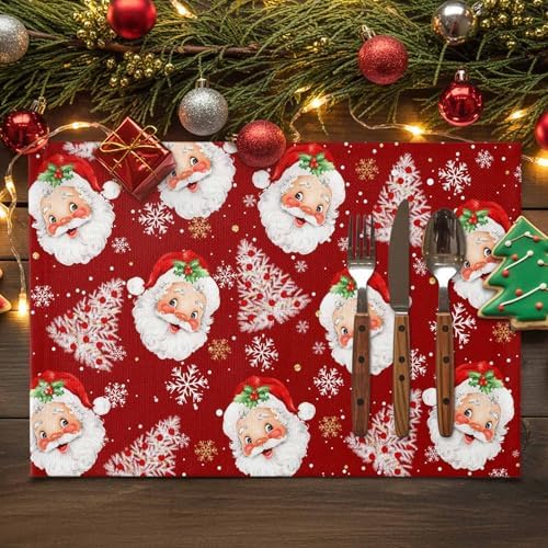 Red Christmas Placemats Set of 6, Santa Claus Merry Christmas Tree Heat Resistant Washable Table Place Mats Winter Snowflake Cotton Table Linens Party Holiday Decor for Kitchen Dining Outdoor Indoor