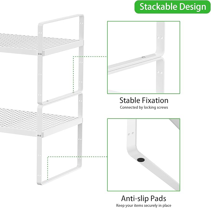 SOFRON Expandable Cabinet Storage Shelf Stackable Organizer Rack for Kitchen Bathroom Pantry Spice Cupboard Coffee Countertop Home Office Desk Heavy Duty Nonslip White Large 3 Packs