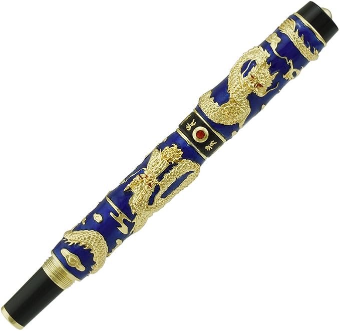 Jinhao Double Dragon Rollerball Pen Blue Cloisonne Enamel Handcraft for Signature and Collection