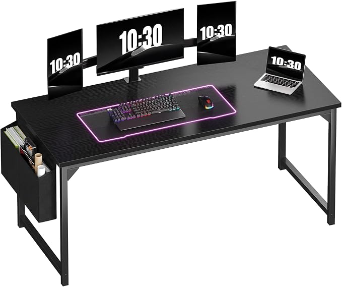 OLIXIS Computer Desk, 63 Inch Gaming Desks for Home Office Small Spaces | Writing Study Craft Work Table, Computer Workstation for Bedroom with Storage Bag, All White