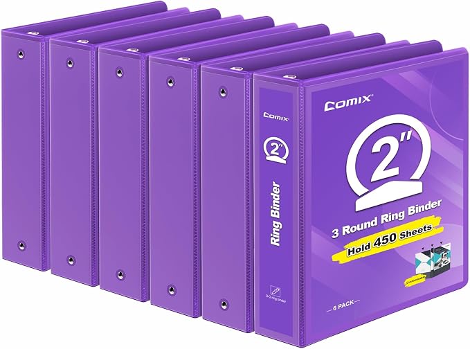 COMIX Sturdy 2 Inch 3 Ring Binder with Clear View Cover | 2"Heavy Duty Round Ring,PVC-Free Board,Holds 450 Letter Sheets,Wholesale for Offices & Classrooms,6 Pack (Purple)