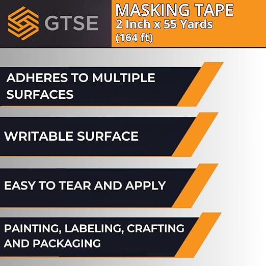 GTSE Masking Tape, 3 Pack, 2 inches x 55 Yards (164 ft), General Purpose Beige Multi-Surface Tape for Painting, Labeling and Craft, 3 Rolls