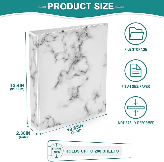 Marble Grey White Decorative 3 Ring Binder 1.5 Inch Large View Binders with Pockets File Organizer for Office College School, 2 Pack