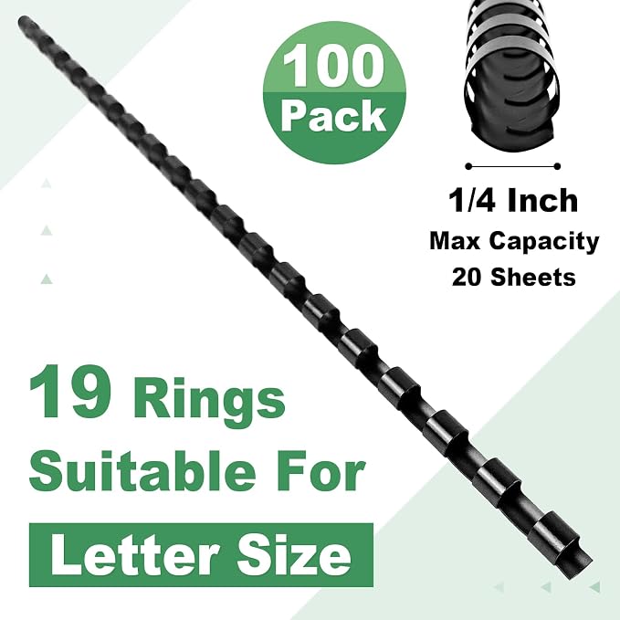 HOUYEE 100 Pack 1/4 Inch Plastic Binding Combs Spines, 19 Rings, Black | 6 mm Binder Combs for Letter Size Paper, 20 Sheets Capacity , for Book Binder Office School Supplies