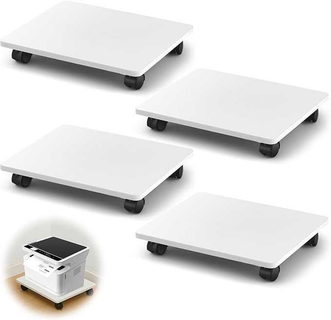 Beeveer Office Under Desk Printer Stand with 4 Caster Wheels 13.8 x 11.8 x 2.4 Inches Printer Copier Shelf CPU Holder for Home Office Heavy Duty Storage Rack Scanner Fax Machine(4 Pcs, White)
