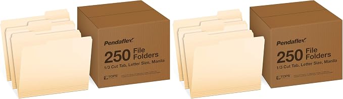 Pendaflex File Folders,250 Bulk Package,Durable Manila Folders,Letter Size (8.5" x 11"),3 Tabs for Easy Labeling,Everyday Filing Essential for Offices,Classrooms&Home Document Organization (Pack of 2)