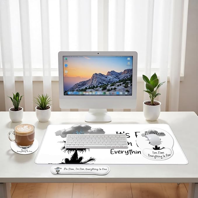 Black Cat Mouse Pad Set It's Fine I'm Fine Everything is Fine Gaming Mousepad 4in1 Desk Mat for Desktop Anti-Slip XXL Big Computer Ergonomic Mousepad with Wrist Support for Keyboard and Mouse