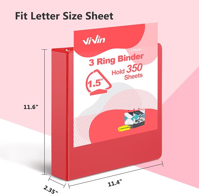 ViVin Sturdy 1.5 Inch 3 Ring Binder with 2 Pockets, 6 Pack, Red | Slant-D Ring Binder, PVC-Free, Customizable Clear View Binder,Holds 350 Sheets of 8.5" x 11" Paper, 2 Interior Pockets
