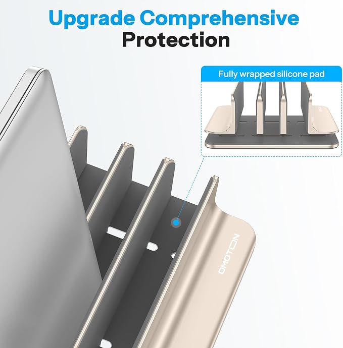 OMOTON 3-Slot Multiple Vertical Laptop Stand, Fits MacBook, Starlight | Adjustable Width 0-1.38", Aluminum Office Space-Saving for Desk, Fits MacBook/Book/iPad Up to 17.3in