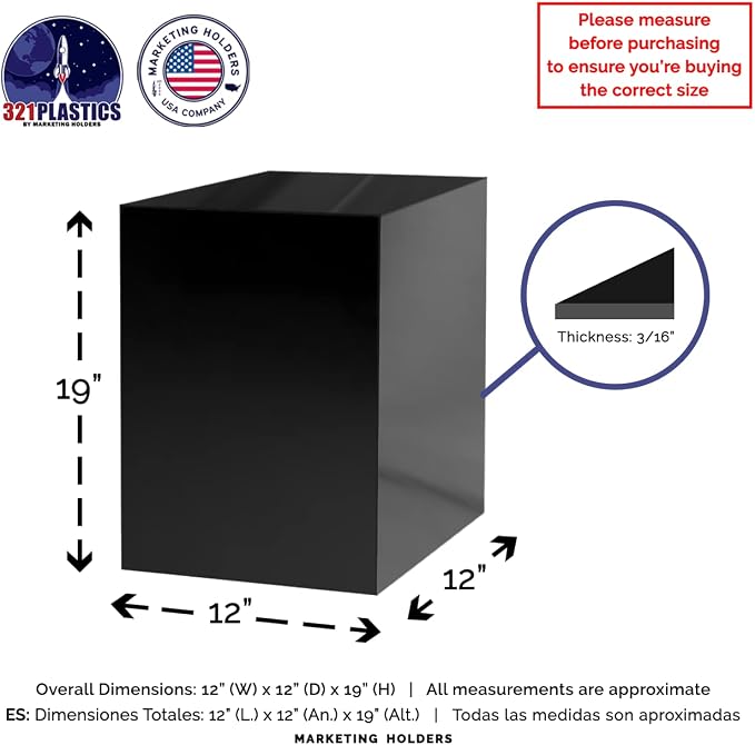 4 Pack Display Riser Box Tall Glossy Black Acrylic 12" x 12” x 19” No Lids Hollow Pedestal 5 Sided Retail Merchandise Trinkets Flower Tower Bin Elevated Multi Use Showcase by Marketing Holders
