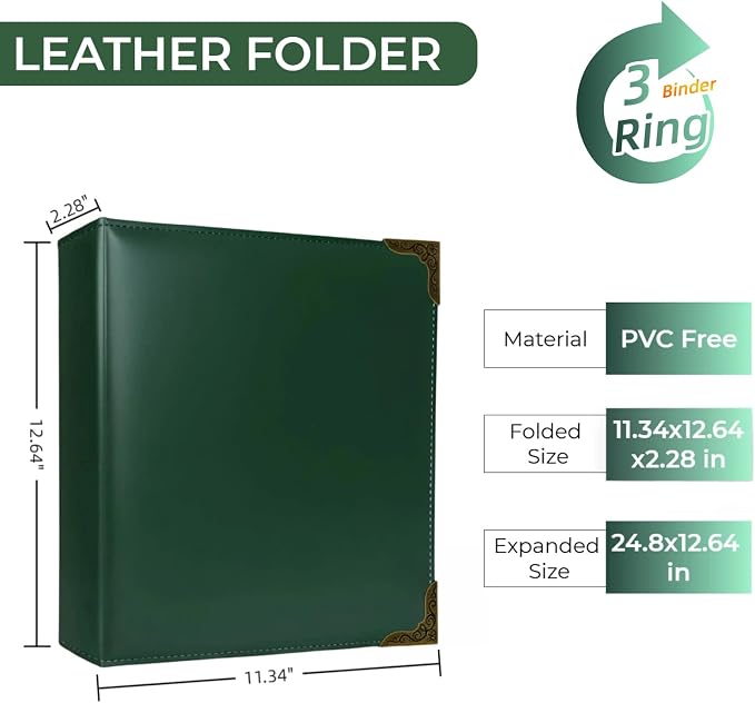 Vintage Hardback Leather 3 Ring Binder, 1.3 Inch D Ring, Three Ring Binders Fits 8.5" x 11", Corner Protectors, PU Leather Cover, for Photo Album, Home, Professional Office & School Supplies, Green