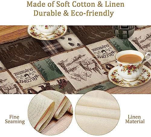 Rustic Cabin Bear Table Runner, Vintage Cottage Country Style Pine Tree Elk Wildlife Dinner Runner for Home Kitchen Dining Table Decoration 13"x36"