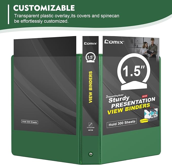 COMIX Sturdy 1.5 Inch 3 Ring Binder with Clear View Cover | 1.5"Heavy Duty Round Ring,PVC-Free Board,Holds 300 Letter Sheets,Wholesale for Offices & Classrooms,6 Pack (Green)