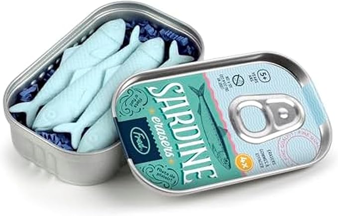 Genuine Fred Sardine ERASERS, Set of 4 Fish-Shaped Erasers, Quality Materials, Fun Desk Accessory, Packed in Charming, Well-Designed Sardine Tin, Perfect for School, Home, Office, and Gifts