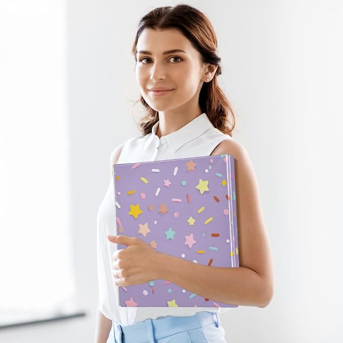 Aslsiy Ice Cream Confetti 3 Ring Binder 1.5 Inch Purple Star Round Clipboard Binder Decorative Harcover Binders Organizer for Office Supplies