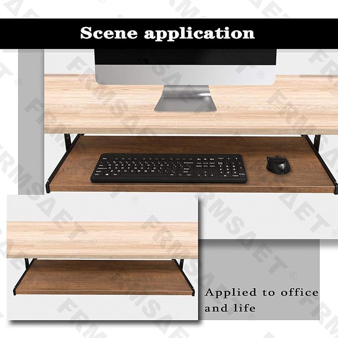 FRMSAET Office Product 20/24/30 inch Keyboard Drawer Tray(24 inch, Brown) | Heavy Duty Wood Computer Platform Under Desk Sliding Drawer Furniture Accessories with Adjustable Height Slides, Save Space