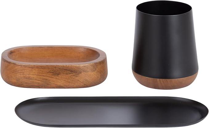 Kate and Laurel Koni Modern Three-Piece Tabletop Organization Set; 12 x 6 x 5; Walnut Brown and Black; Wood and Metal Organizational Set for Home Office or Entryway Decor
