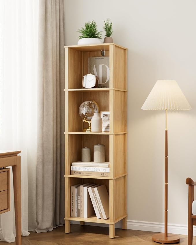 Book Shelf, Modern 4-Tier Bookcase, Open Storage Bookshelf, 11 × 14.2 × 50.4 Inches, Small Narrow Bookshelves for Living Room, Home Office, Bedroom, Natural