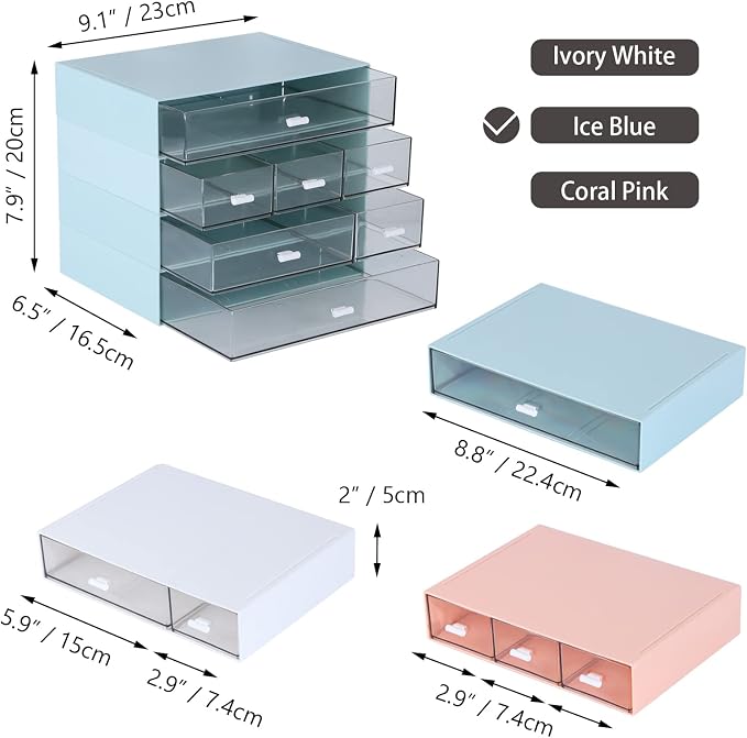 Stackable Storage Drawers, Office Desk Organizer with 7 Flat Drawers | Blue, Plastic Mini Desktop Storage Box, Tabletop Small Craft Drawer for Office Supplies, Makeup Desk Organizer and Accessory