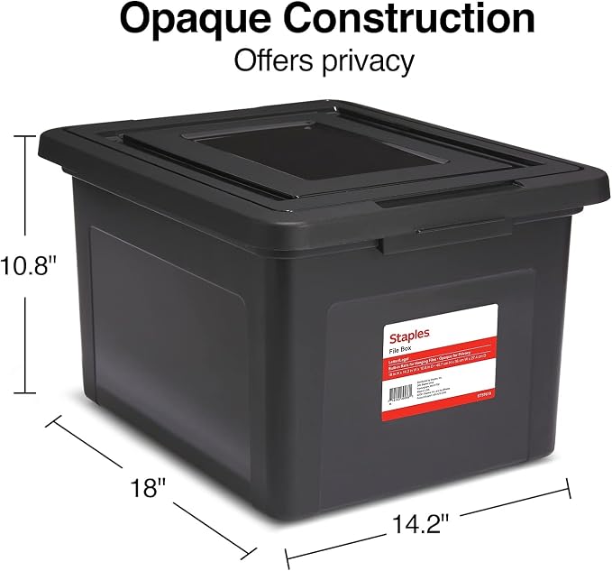 Staples Hanging File Folder Box, Storage Bin Organizer, Snap Lid | Black bin keeps letter and legal size documents organized and accessible.