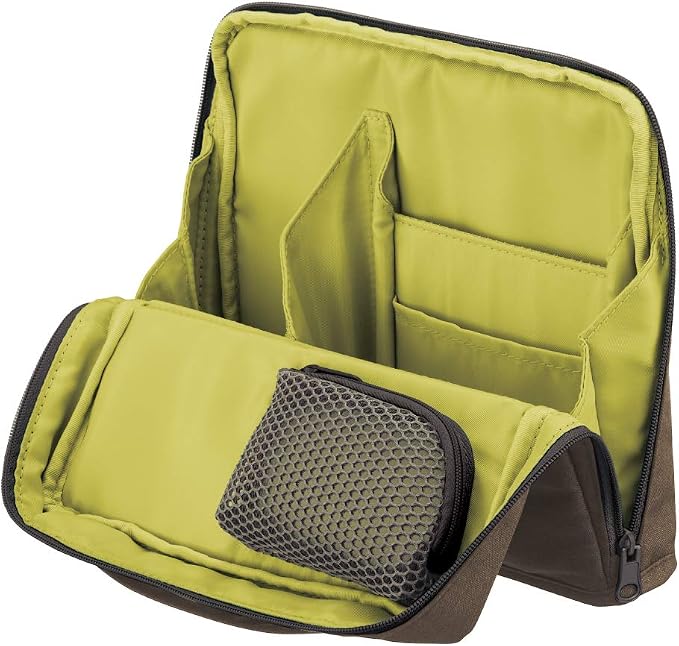 KOKUYO Pencil Case Pouch, Haco-Biz Standing Pen Pouch Bag, Foldable Stand up Pencil Holder Organizer, Large Capacity Portable Pencil Box for Office Supplies, Brown x Yellow (KAHA-HB11S)