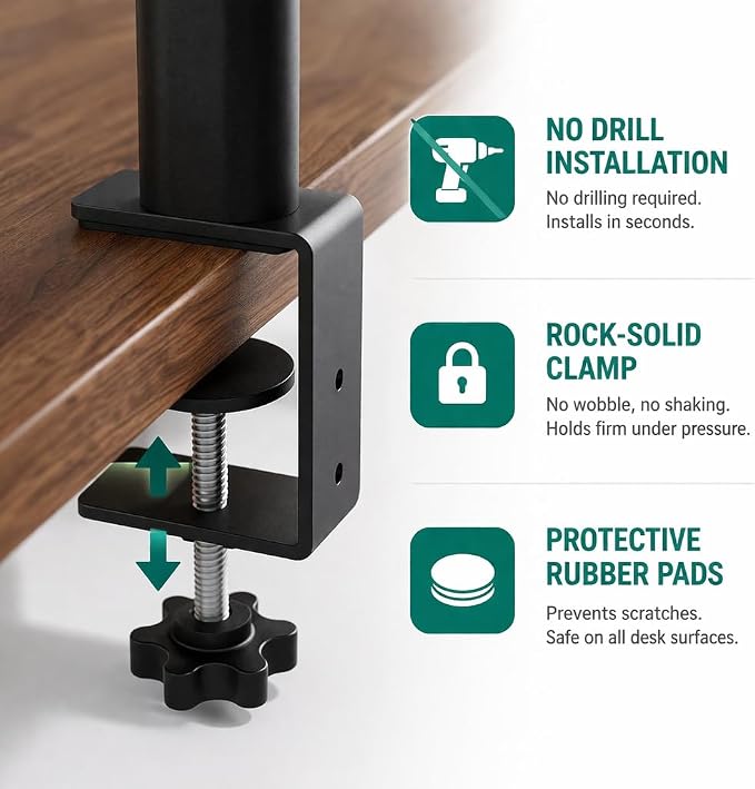 Clamp On Desk Shelves Organizer, Adjustable 2-Tier Desk Storage Rack with Large Trays, Phone Stand & Headphone Hook, No-Drill Setup for Office & Gaming Desks