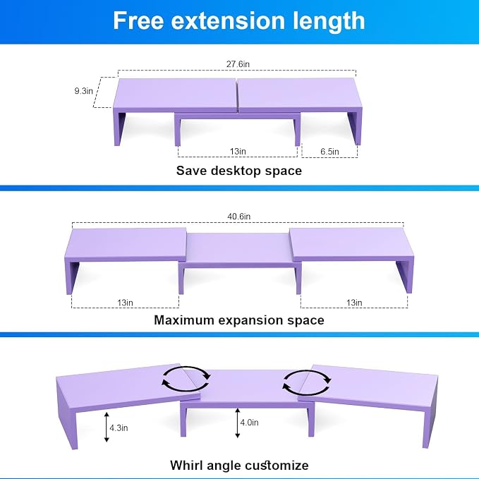 Dual Monitor Stand Riser | Monitor Stand for Desk, Metal Computer Stand, Desk Shelf Riser,Desktop Organizer for Home and Office Use (Purple)