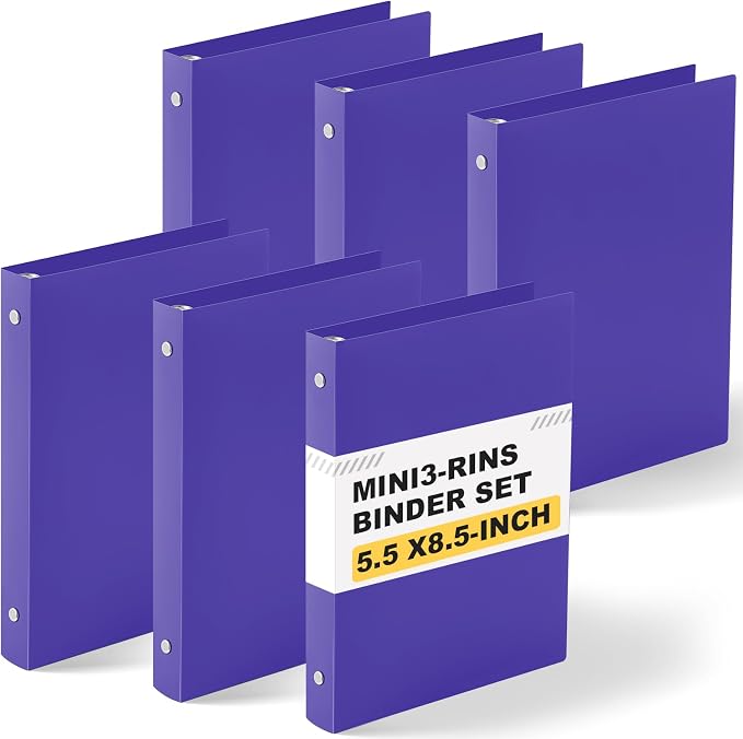 Henoyso 1 Inch 6 Pack Mini 3 Ring Binders for 5.5"x8.5" Paper,Purple | Holds 200 Sheets, Plastic Small Binders, Round Three Rings, Flexible PP Covers, School Office, Photo Album Planner Journal