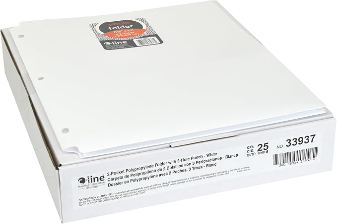 C-Line Two-Pocket Heavyweight Poly Portfolio Folder with Three-Hole Punch, Box of 25, White (33937-25)