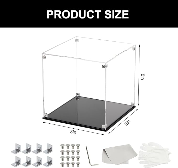 8x8x8Inch Clear Acrylic Display Case for Collectibles Assemble | Cube Box Dustproof Protection Showcase with Black Base, Alternative Glass Case for Display Figures Toys Home Storage Box