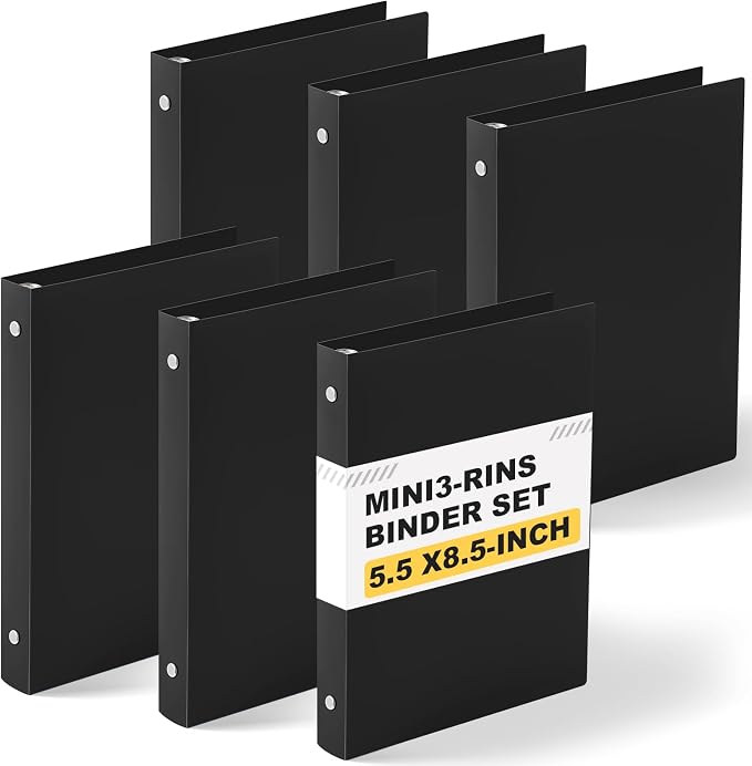 Henoyso 1 Inch 6 Pack Mini 3 Ring Binders for 5.5"x8.5" Paper,Black | Holds 200 Sheets, Plastic Small Binders, Round Three Rings, Flexible PP Covers, School Office, Photo Album Planner Journal