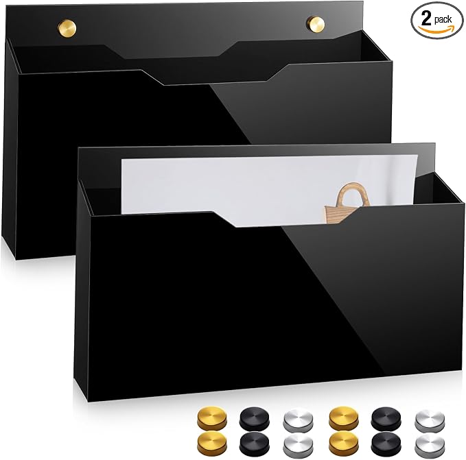 Feifeiya 2 Pcs Black Acrylic File Holder Wall Mount Mail Magazine Organizer File Holders with Screw Wall Office Document Storage Magazine Brochure (14"x8.3"x2.4", Widening Horizontal, Black )