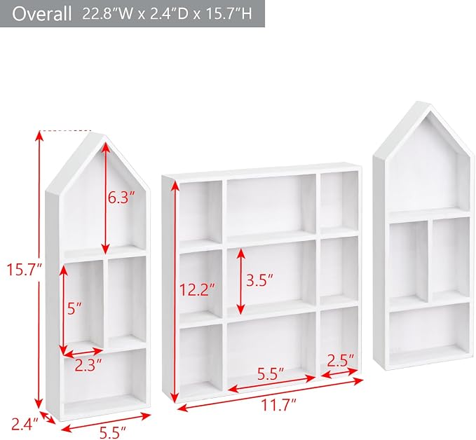 Ikee Design 3-Pc Wooden Shadow Box Shelf for Collectibles | 17 compartments Wooden Shadow Cubby Box Display Shelf Organizer Storage Shadow Box for Collectibles, Figures, Black