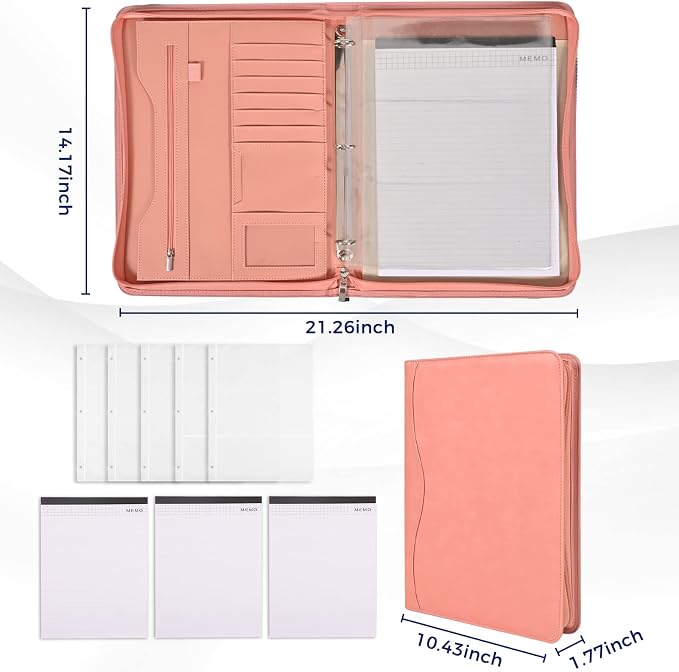 3-Ring Padfolio Portfolio Binder Organizer,PU Leather Folder Binder Business Planner Notebook Zippered Portfolio for Women/Men with Document Sleeve,Letter/A4 Size Clipboard
